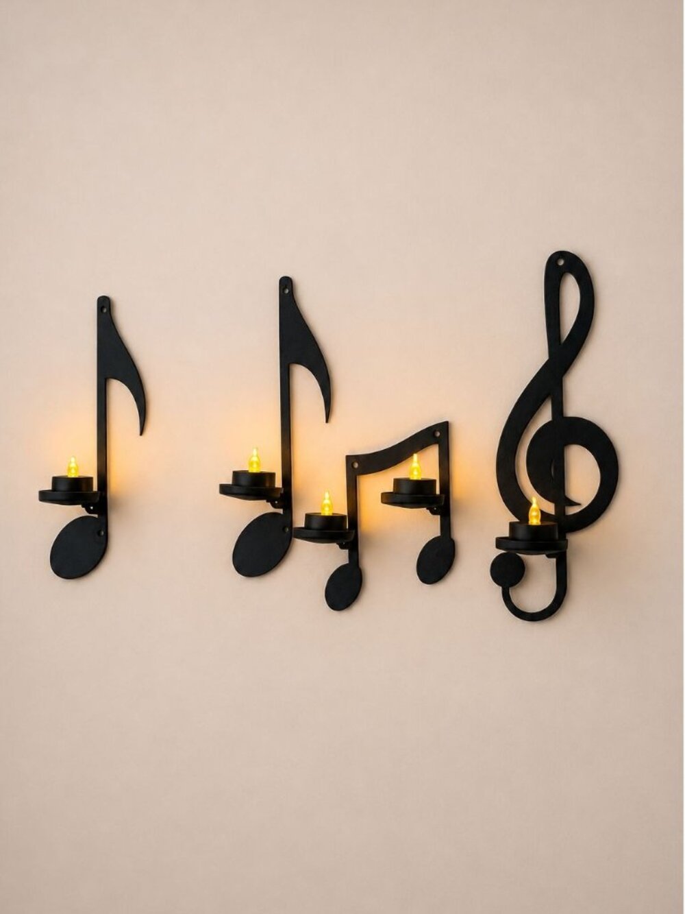 Music Note Wall Candle Sconces With Mikasa LED Tealights Set Of 4 Black Minimali